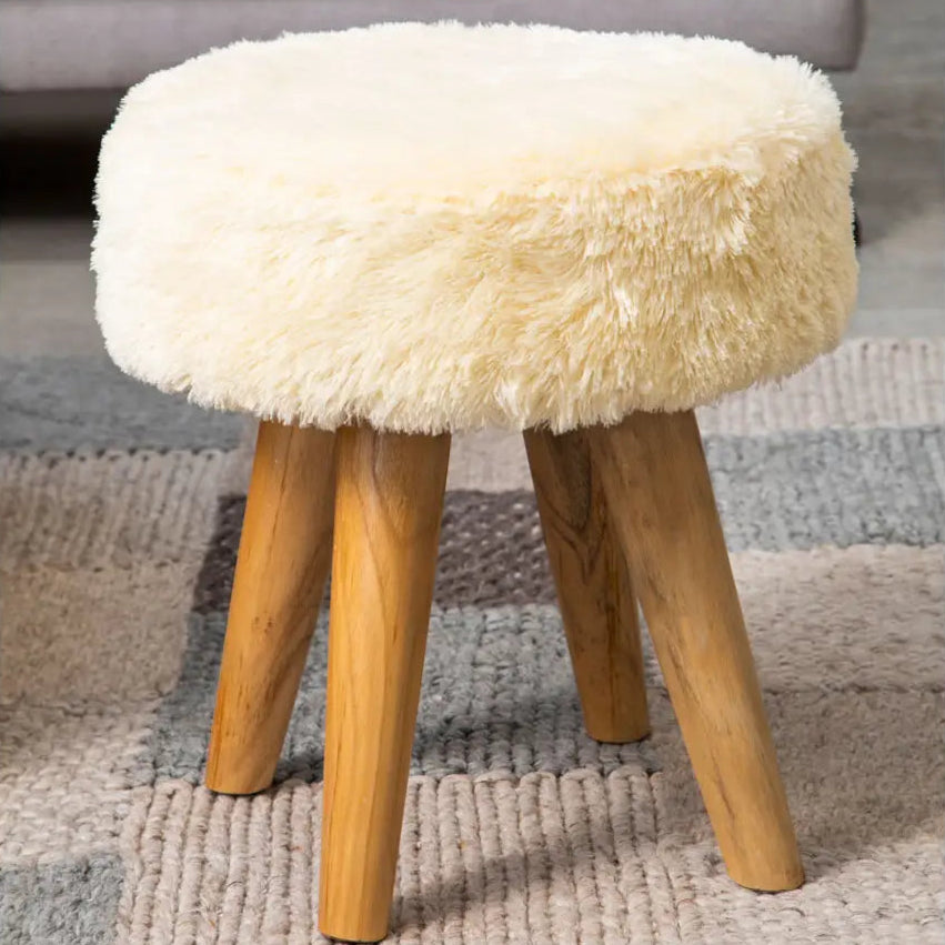 Fieldings Cream Faux Fur & Natural Teak Wood Stool